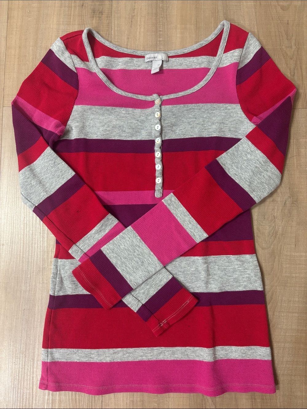 Y2K Striped Scoop Neck Henley Top in Red, Purple, Pink & Gray
